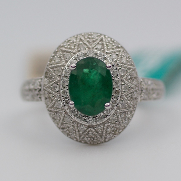 EFFY 14k White Gold Oval Emerald And Diamond Ring - Picture 1 of 8